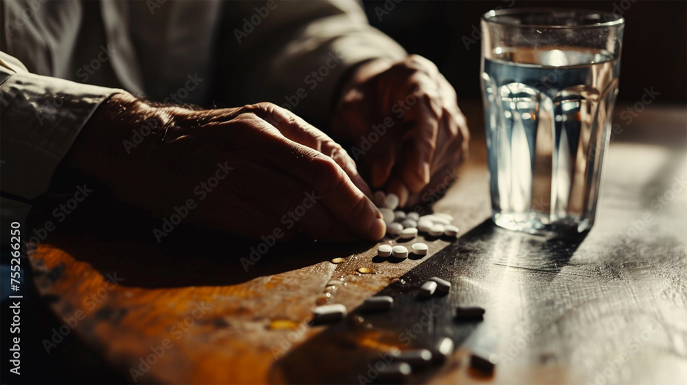 An elderly person's hands with pills and a glass of water on a wooden table, conveying a sense of health care. Copy space. An elderly person's hands with pills and a glass of water on a wooden table, conveying a sense of health care. Copy space.
