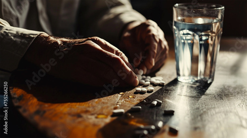 An elderly person's hands with pills and a glass of water on a wooden table, conveying a sense of health care. Copy space.