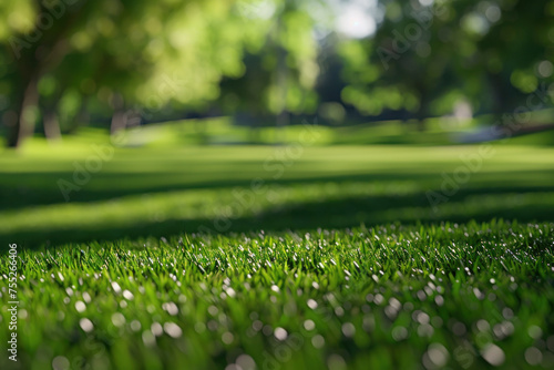 Dew-kissed golf course grass at sunrise, with a soft focus on the lush fairway ahead.