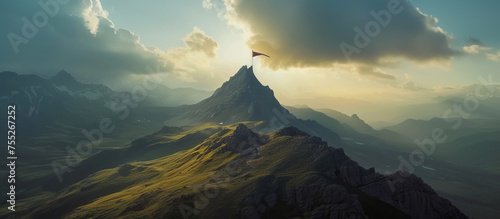 A flag waving proudly atop a mountain, against the backdrop of a beautiful mountain landscape 🏔️🚩