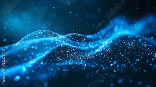 Bright wave abstract background of blue glowing energy particles and lines