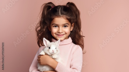 Little girl holding a white Easter bunny close to her chest, smiling at the camera with joy.