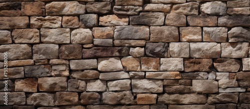 A sturdy wall constructed from rocks with a brown hue  creating a textured and earthy backdrop. The rocks are stacked neatly  showcasing a strong and durable construction.