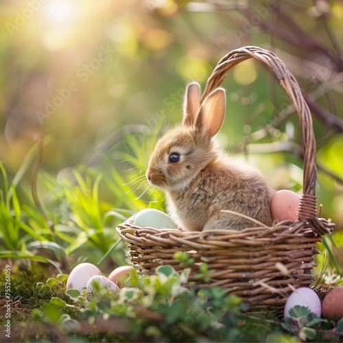 Small ,baby rabbit in easter basket with fluffy fur and easter eggs © tigerheart