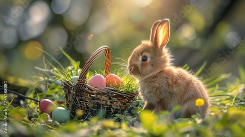 Small ,baby rabbit in easter basket with fluffy fur and easter eggs
