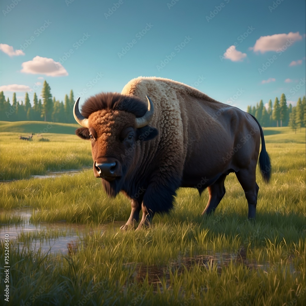 kids illustration , Bison (American Buffalo),eating in the beautiful marshy fields