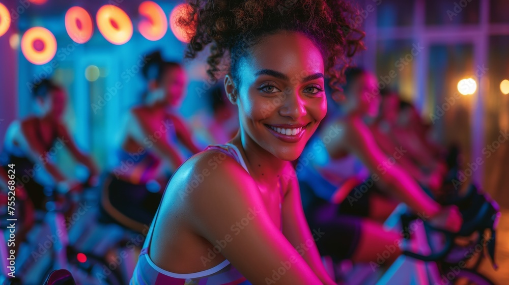 African American Girl at Cycling Class created with Generative AI Technology, ai, generative