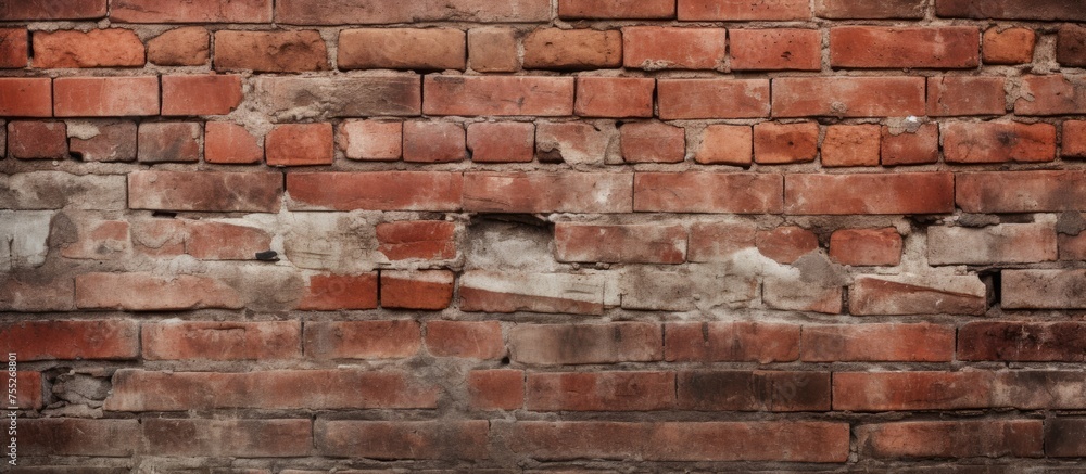 Obraz premium A close-up view of a red brick wall with a small hole in it, showcasing the texture and color of the bricks.