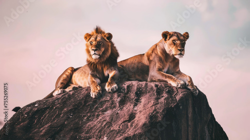 A male and female lion rest majestically on a large rock against a pinkish sky backdrop