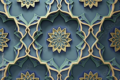 navy blue and beige islamic octagonal ornament with curved pattern on jade background