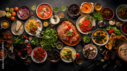 A Mesmerizing Bird's Eye View of a Table Laden with International Cuisines