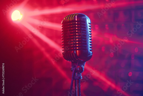 Microphone on stage under bright lights  professional speaking interview singing media concept illustration