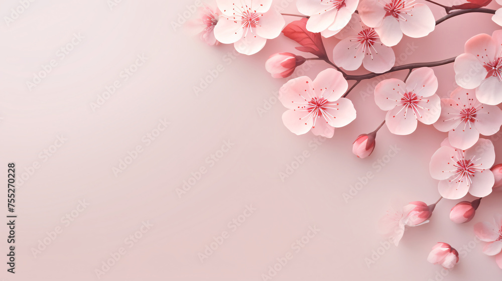 Spring blooming pink peach flowers on solid color background, Valentine's Day Mother's Day card design concept illustration Spring blooming pink peach flowers on solid color background, Valentine's Day Mother's Day card design concept illustration