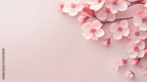 Spring blooming pink peach flowers on solid color background, Valentine's Day Mother's Day card design concept illustration