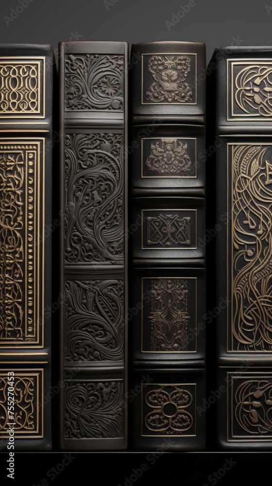 Vintage books with intricate designs on the coversStudio shot luxurious design elegant simplicity