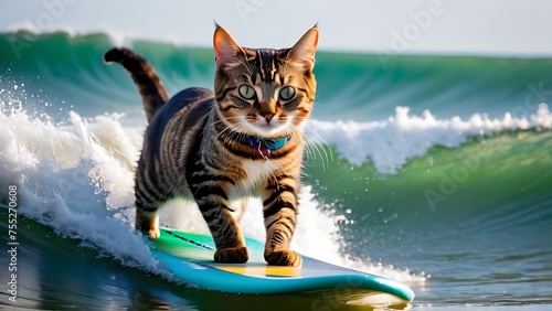 Closeup photo of a cat, is surfing, epic pose, natural light
