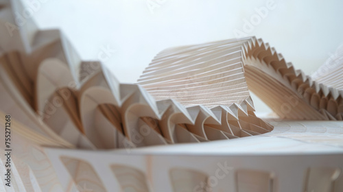 A zoomed in shot of a paper bridge capturing the minute details of each folded crease and the sharp clean lines that give the structure its strength and stability. photo