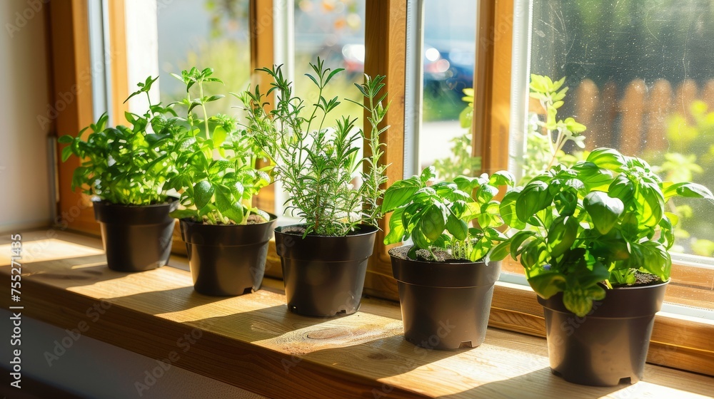 Potted Herbs on Sunny Window Sill Potted Herbs on Sunny Window Sill
