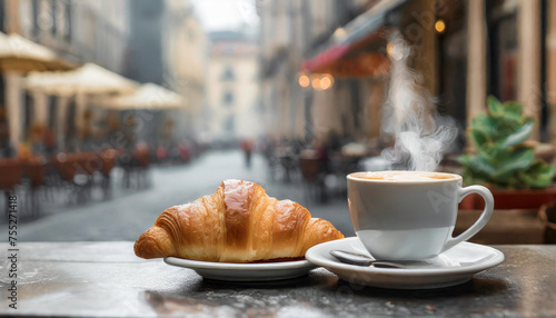  a cafe table at the street side in europe with a cup of coffee which has a bit of steam 