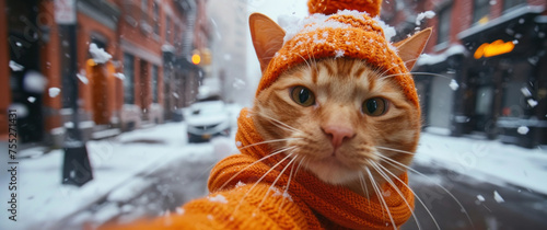 Cute orange cat in knitted hat and scarf walking on snowy street?Could you please help me to improve my writing skills?