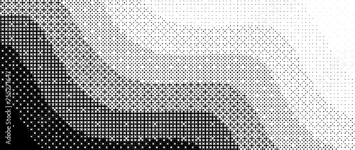 Pixelated wavy line gradient texture. Black dithered wiggly striped background. Retro bitmap video game wallpaper. Vintage undulate pixel halftone 8 bit overlay print. Vector fading gradation backdrop