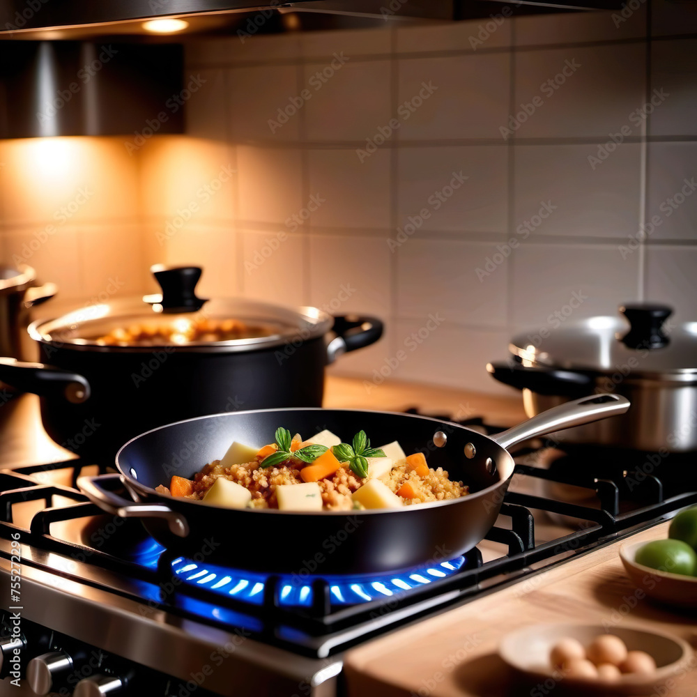 Cazuelas y sartén cocinando comida en un fondo encendido Cazuelas y sartén cocinando comida en un fondo encendido