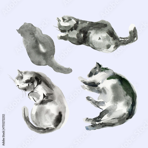 Set of abstract cat sketch, animal print stains, beautiful shapes, pastel color palette. Watercolor illustration of sleeping, lying, playing pet