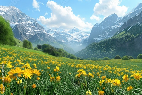 Alpine meadow with yellow flowers and green grass with Alp Mountains on the background .