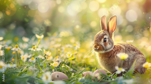 Happy easter bunny in easter meadow with eggs © tigerheart