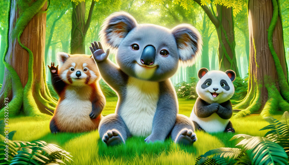 Close-up of a group of 3d, cute animals looking straight at the camera with smiling expressions. Realistic safari, zoo wildlife background. Nature image. Ultra wide angle lens Funny animal. Close-up of a group of 3d, cute animals looking straight at the camera with smiling expressions. Realistic safari, zoo wildlife background. Nature image. Ultra wide angle lens Funny animal.