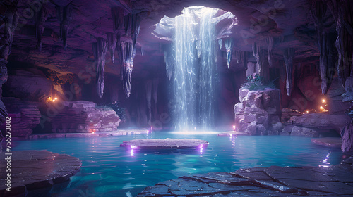 fountain in the night, Massive spa in a wet cave waterfall purple lighting