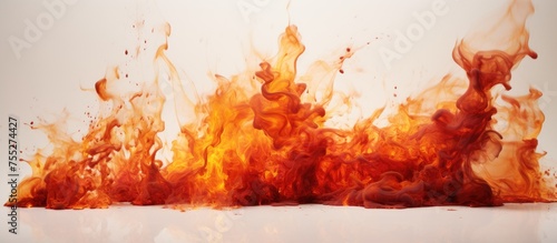 A fire is ablaze on a plain white surface, emitting flames and heat. The flames flicker and dance as they consume fuel, creating a bright and warm glow.