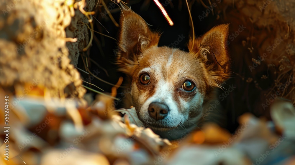 Dog peeking through fall foliage - A small dog with bright eyes peeks through colorful fall foliage, bathed in warm sunlight