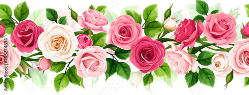 Floral seamless garland with red, pink, and white rose flowers and green leaves. Vector horizontal seamless border