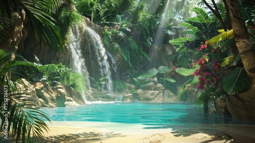 Enchanting waterfall oasis in a jungle - A captivating jungle scene with a majestic waterfall, radiant sunlight and verdant foliage for a mystical vibe