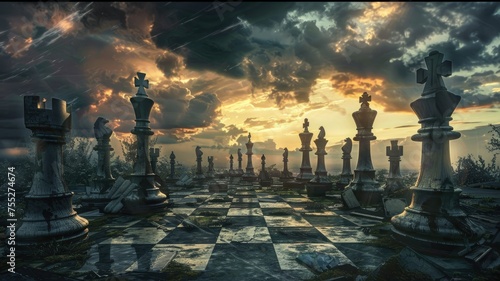 Epic chess pieces in a mystical sunset scene - Majestic chess setup with towering pieces backlit by a captivating sunset sky