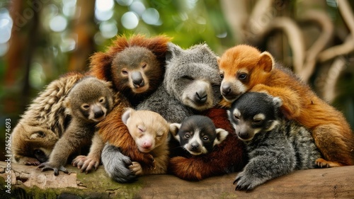 Exotic animals hugging with obscured faces - Endearing photo of various exotic animals embracing  with faces blurred  symbolizing unity and protection