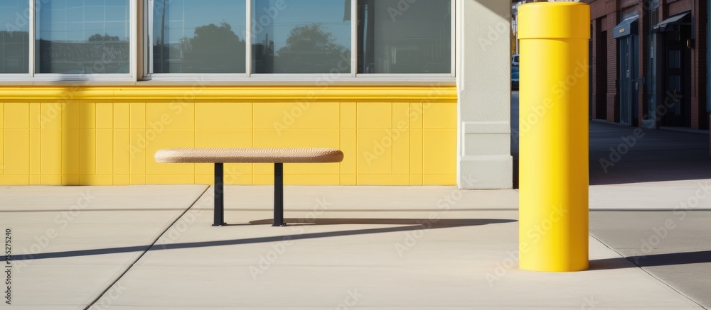 A yellow bench sits in front of a round column building, possibly a train stop. The bright yellow color of the building contrasts with the surroundings, drawing attention to the bench.