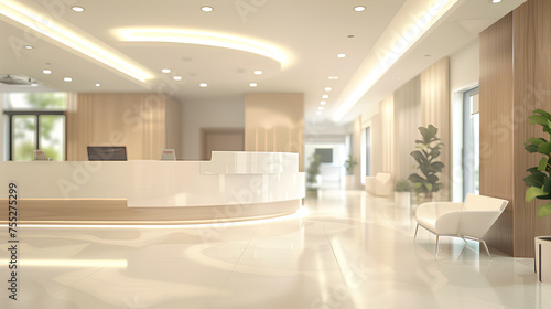 Abstract blur of a contemporary office lobby with bright lighting and a welcoming atmosphere  representing modern corporate style. 