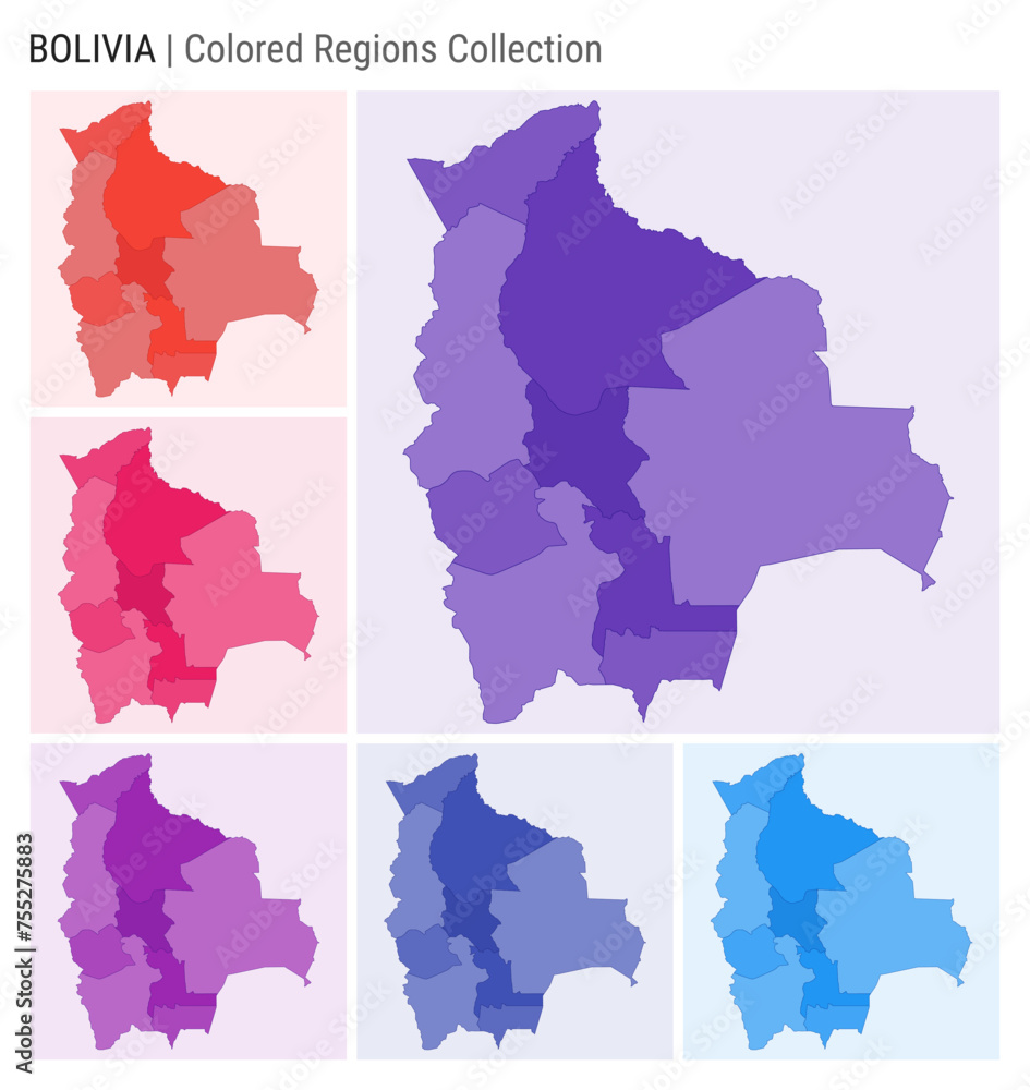 Bolivia map collection. Country shape with colored regions. Deep Purple, Red, Pink, Purple, Indigo, Blue color palettes. Border of Bolivia with provinces for your infographic. Vector illustration.