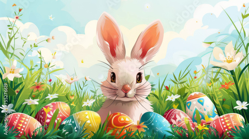 A fluffy white rabbit among Easter eggs and wildflowers in a sunny, enchanting meadow.