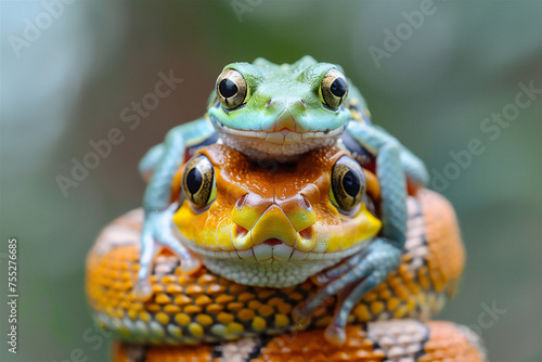 A frog stands on a snake's head