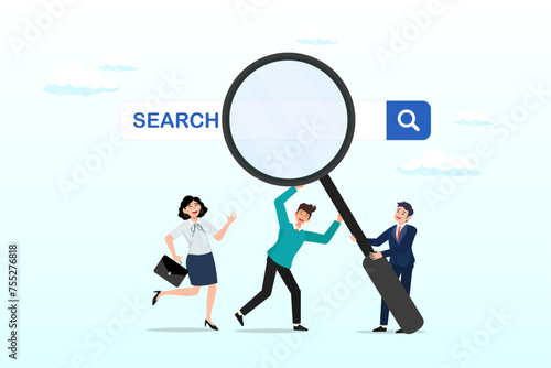 Business people HR push magnifying glass on search bar, search new job, finding candidate or discover talent, hiring and recruitment, SEO search engine optimisation, find career opportunity (Vector)