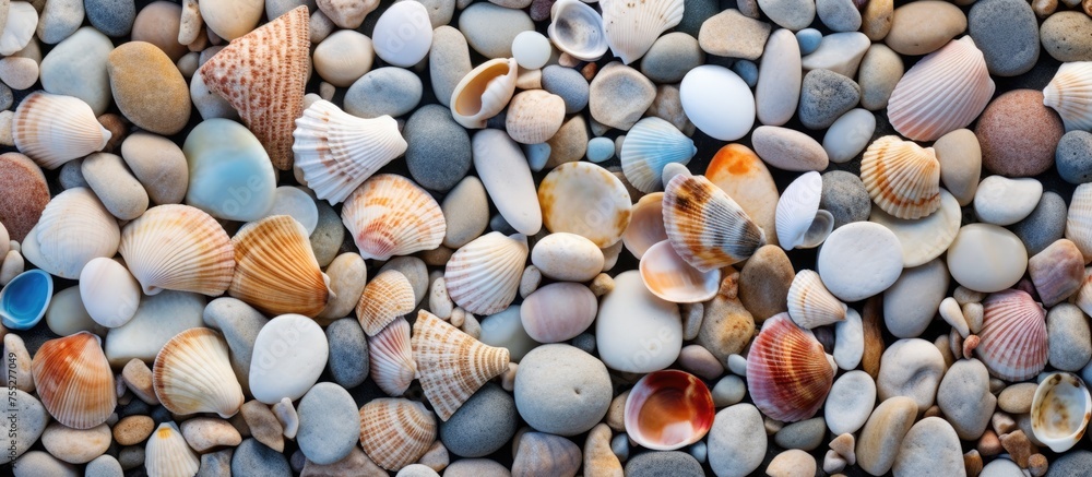 A collection of natural materials like rocks and seashells found on the beach, can be used for art projects, fashion accessories, building material, or as decorative elements in flooring or patterns A collection of natural materials like rocks and seashells found on the beach, can be used for art projects, fashion accessories, building material, or as decorative elements in flooring or patterns