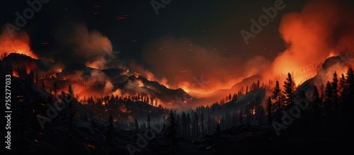 A massive fire rages in the mountains at night, engulfing trees and sending plumes of toxic dust into the air. The flames illuminate the dark sky and cast an ominous glow over the landscape.