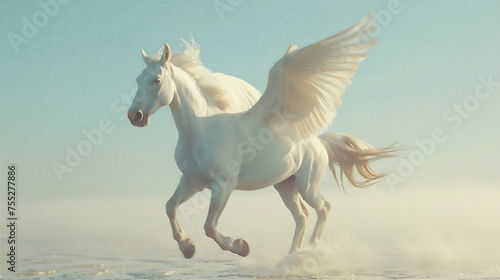 white pegasus runs gallop in winter