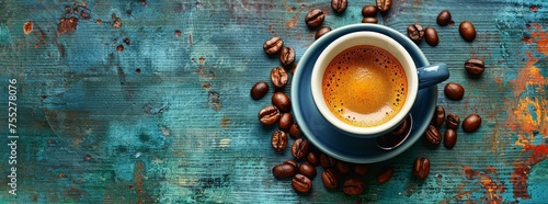Espresso in a turquoise cup on a weathered blue wooden table with scattered coffee beans.