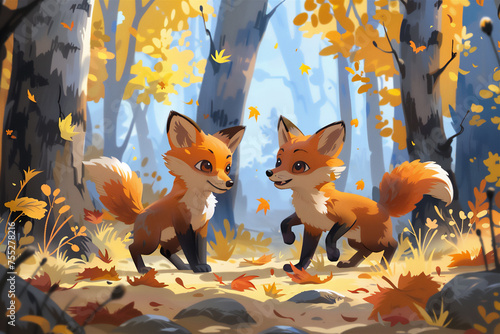 illustration of two 7-tailed fox cubs playing in a beautiful forest