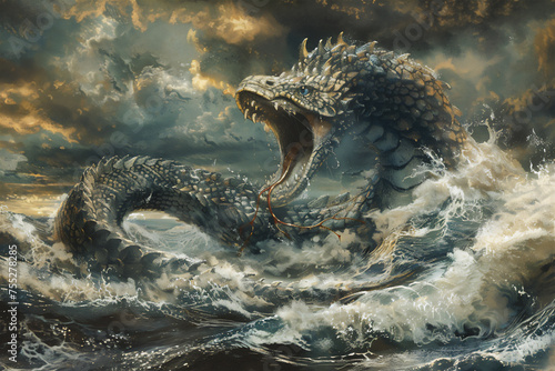 illustration of a hydra snake rampaging in the sea with a cloudy sky and waves photo