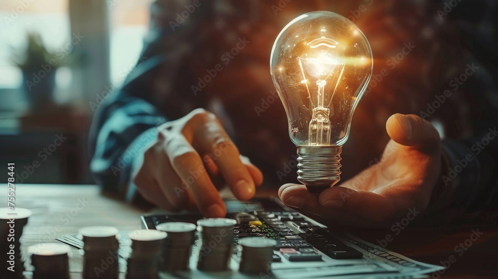 A person holds a glowing light bulb standing on a stack of coins with a calculator in hand, symbolizing financial ideas and cost of electricity. - obrazy, fototapety, plakaty 